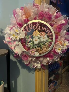 Hand Crafted Pink and White Floral Welcome Wreath